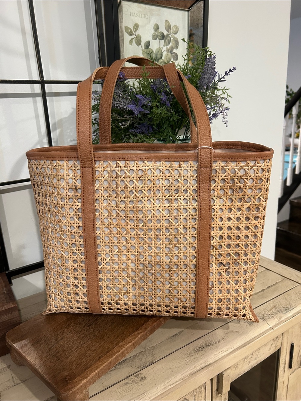 Woven Rattan Tote with Brown Trim - Picture 2 of 7
